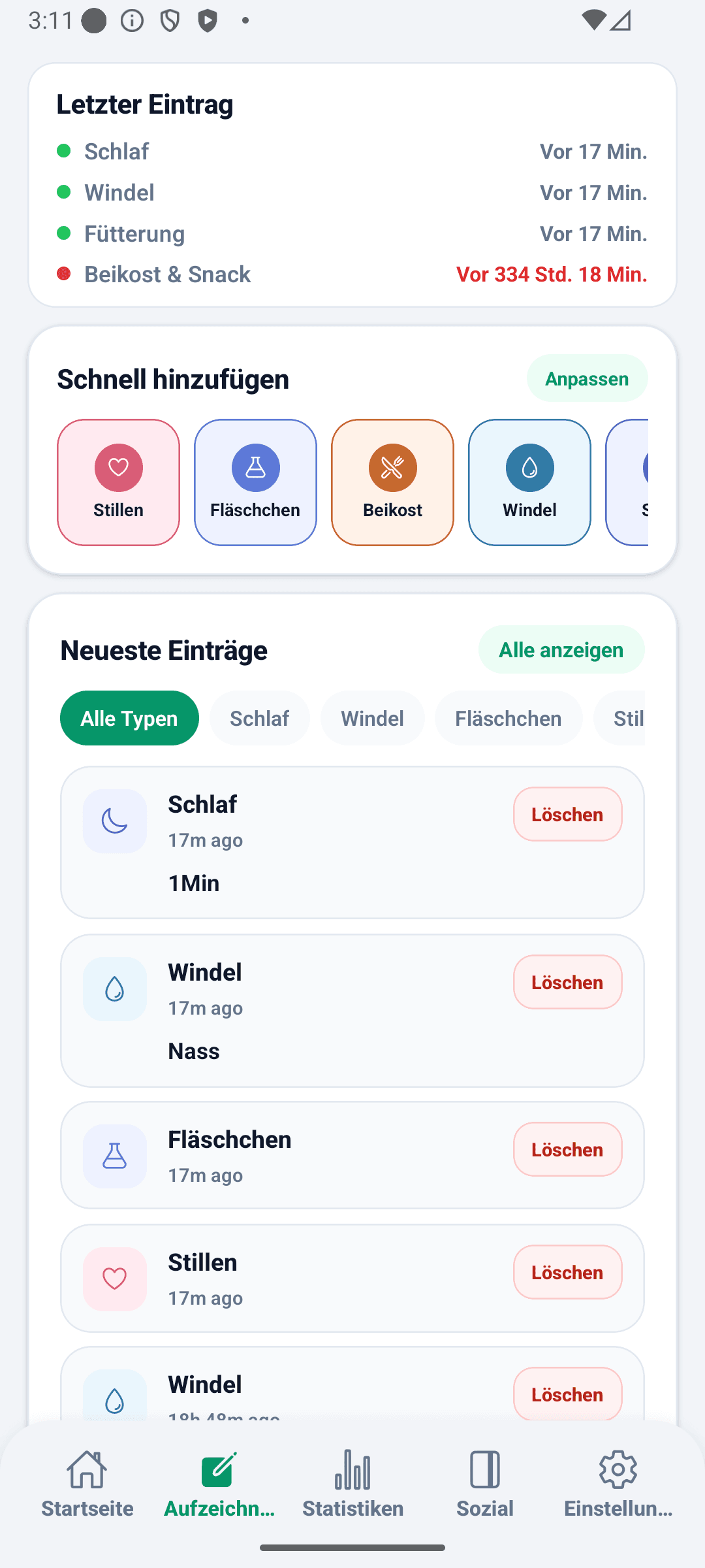 BabyDaily Aufzeichnungsansicht Hauptansicht