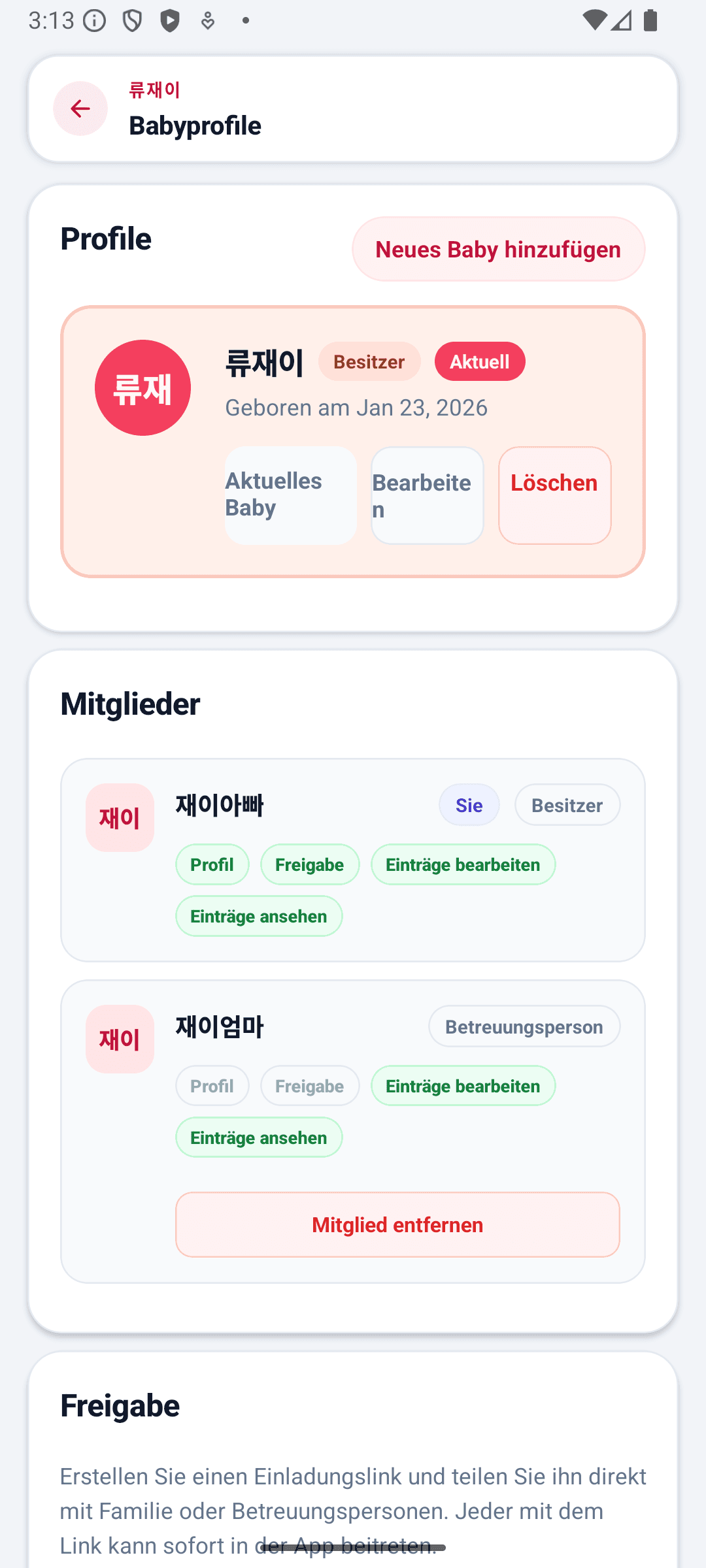BabyDaily Einstellungsansicht Babyprofil