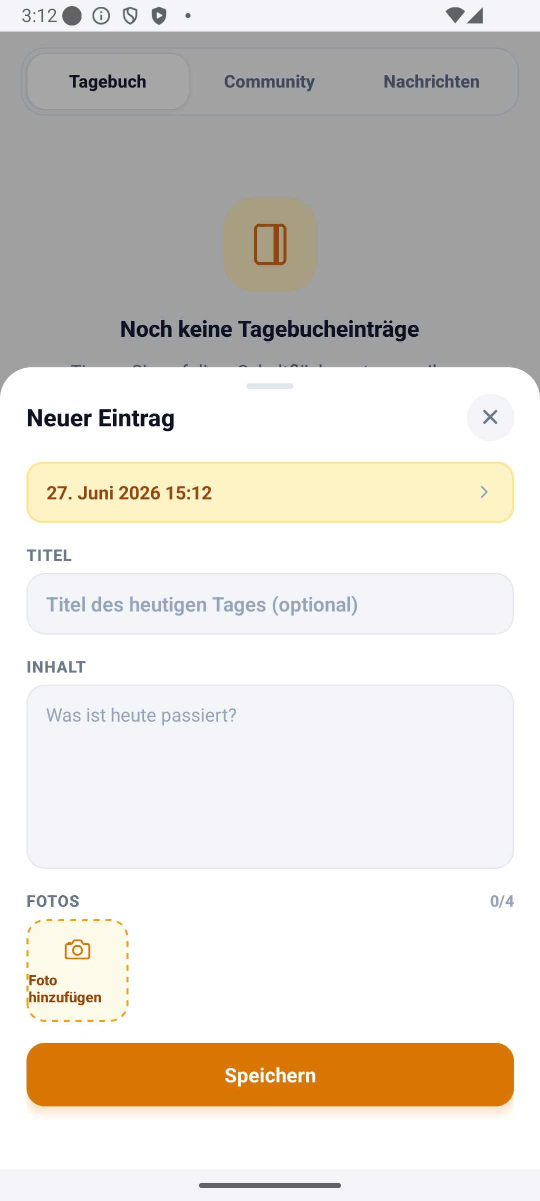 BabyDaily Tagebuchansicht neues Tagebuch