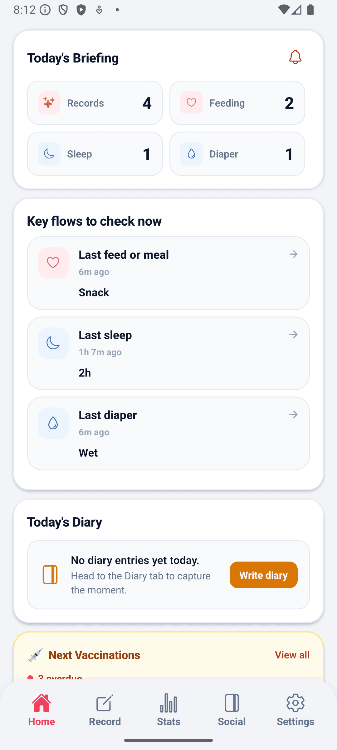 BabyDaily home screen top