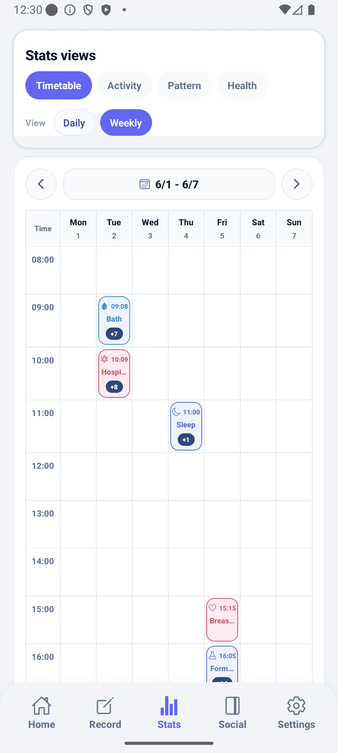 BabyDaily stats screen timetable