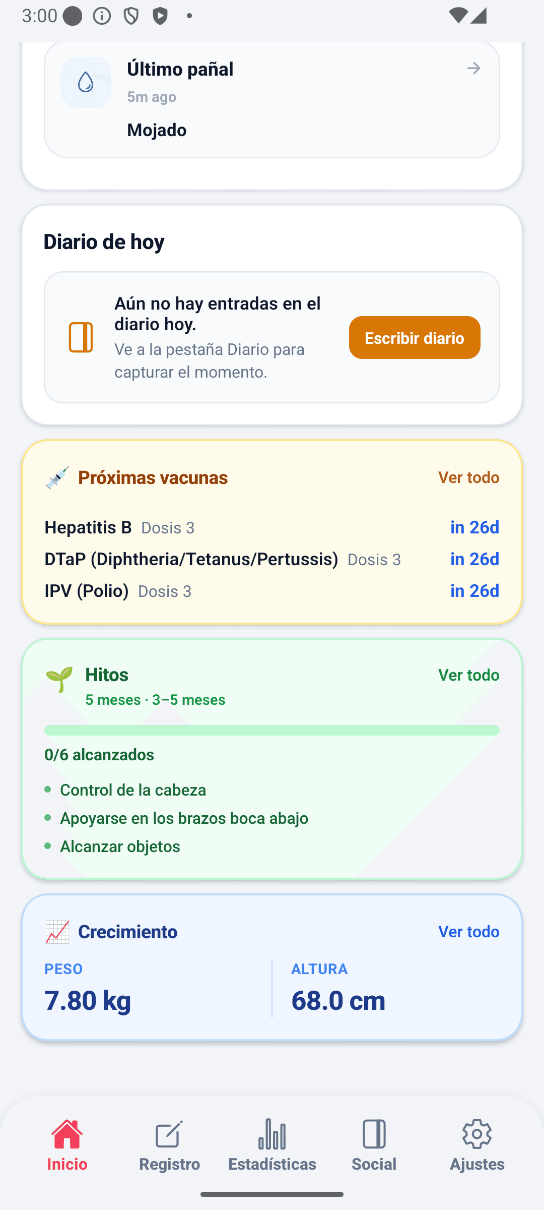 Pantalla de inicio de BabyDaily inferior