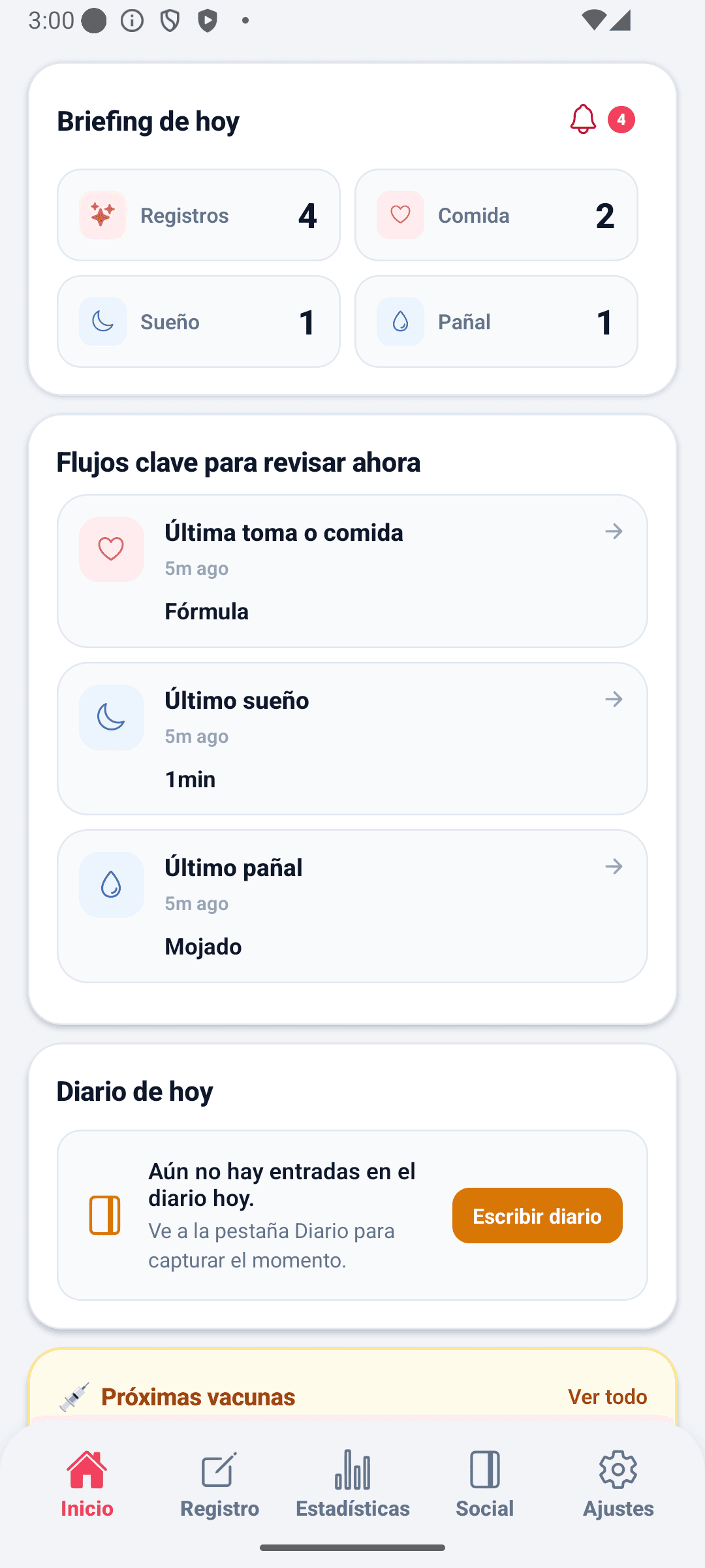 Pantalla de inicio de BabyDaily superior