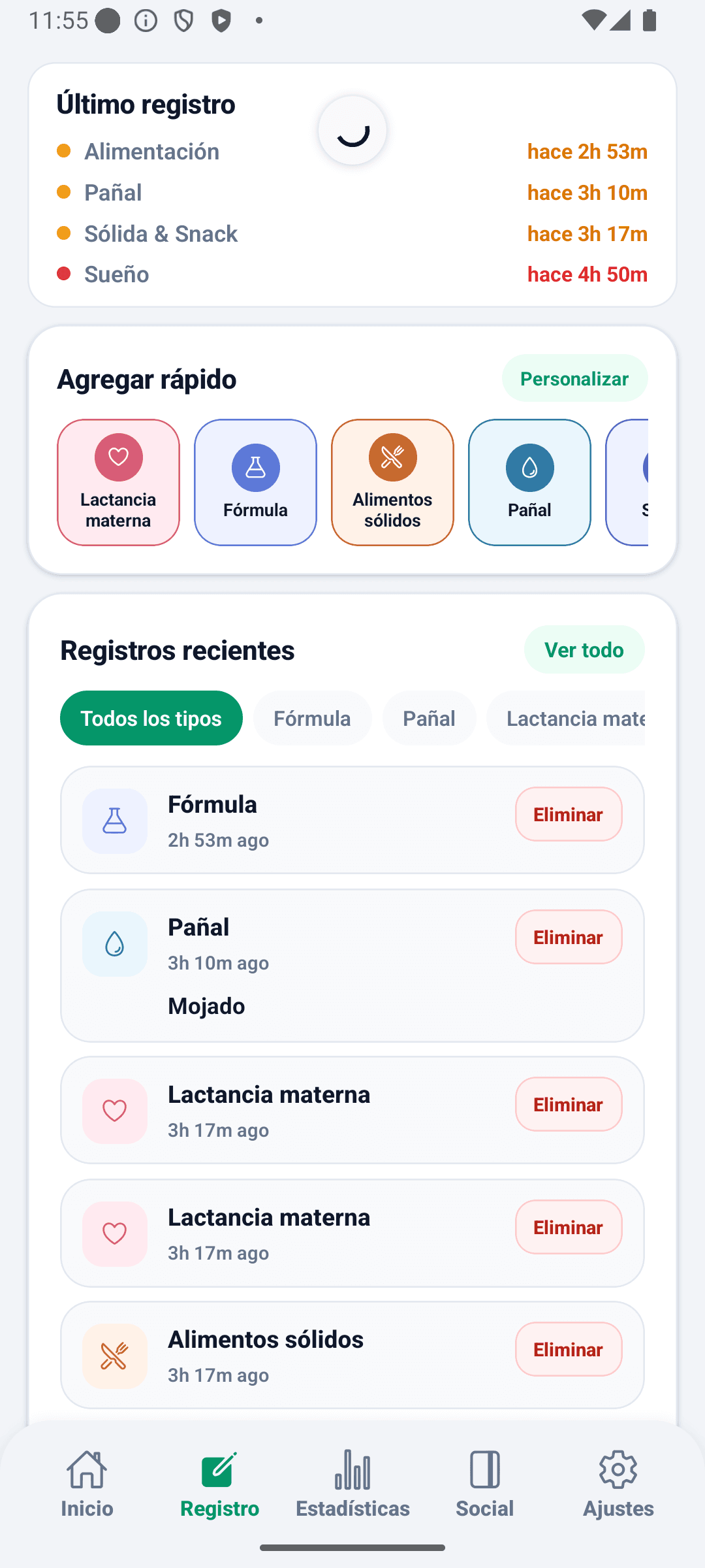 Pantalla de registro de BabyDaily principal