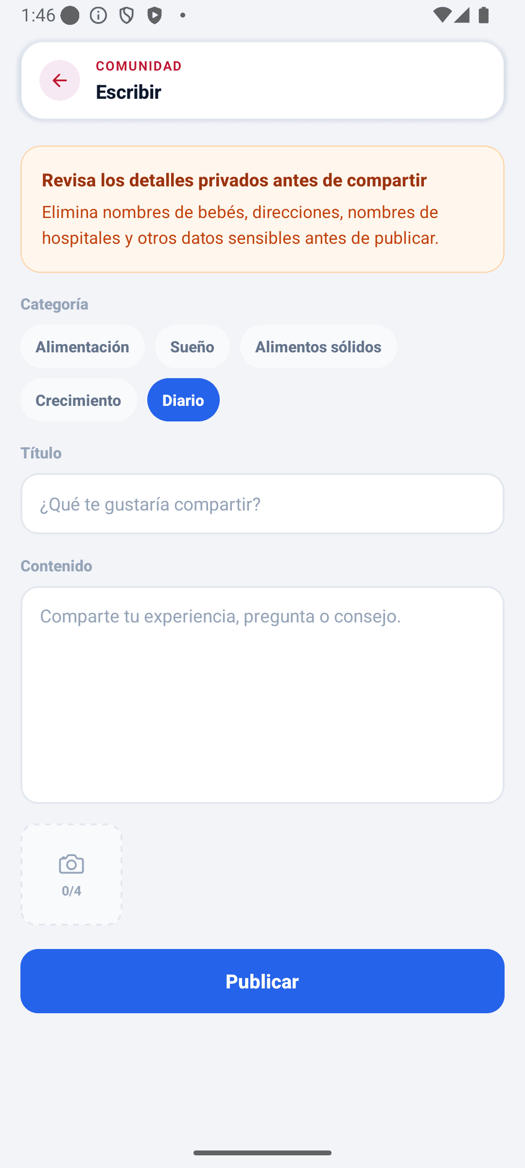 Pantalla de diario de BabyDaily publicación de comunidad