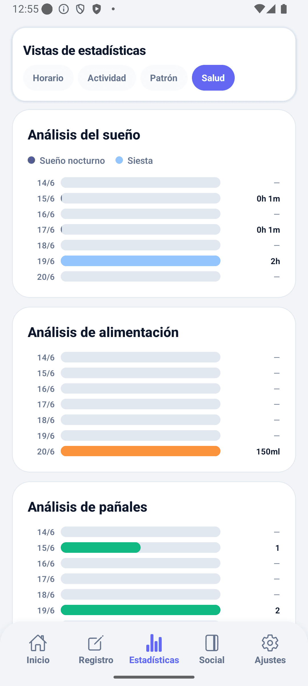 Pantalla de estadísticas de BabyDaily salud