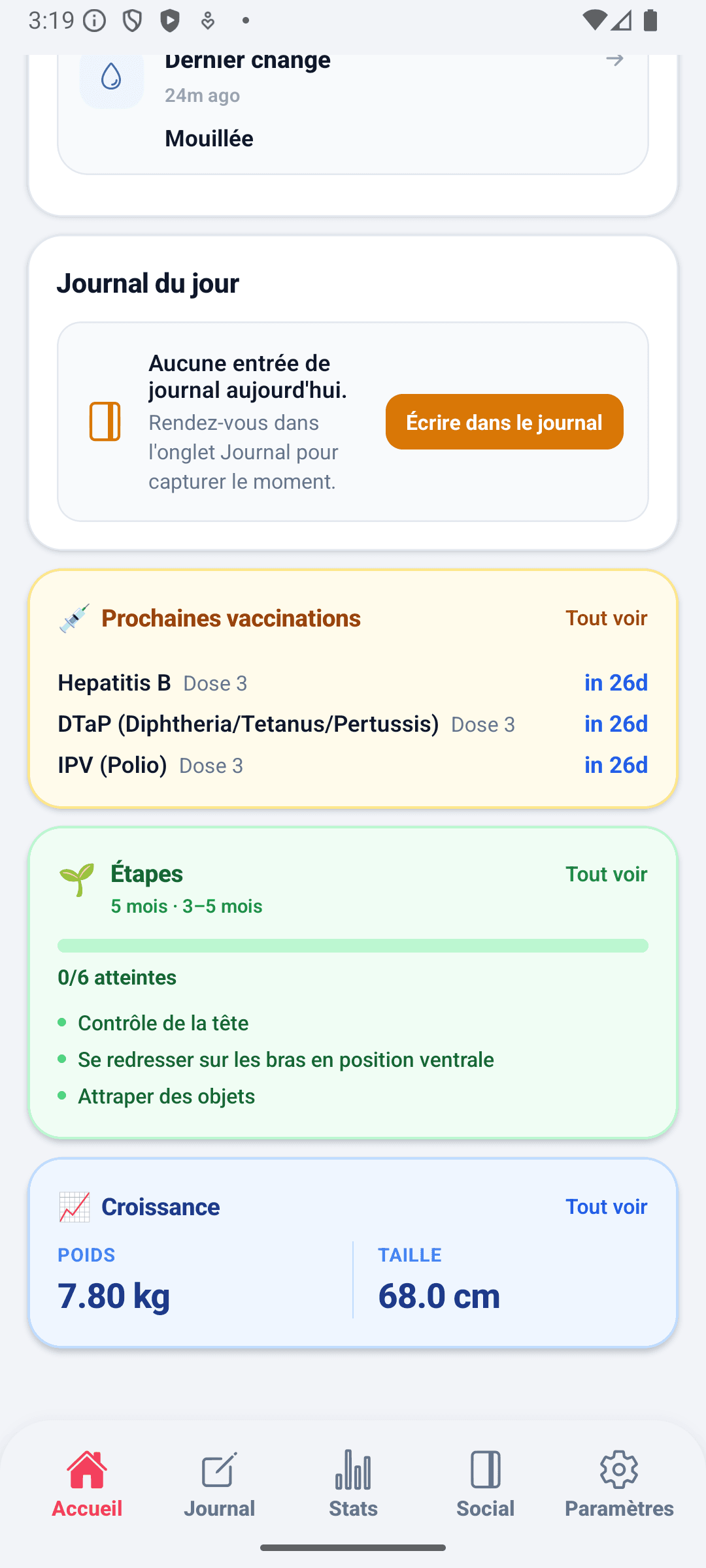 Écran d'accueil BabyDaily partie inférieure