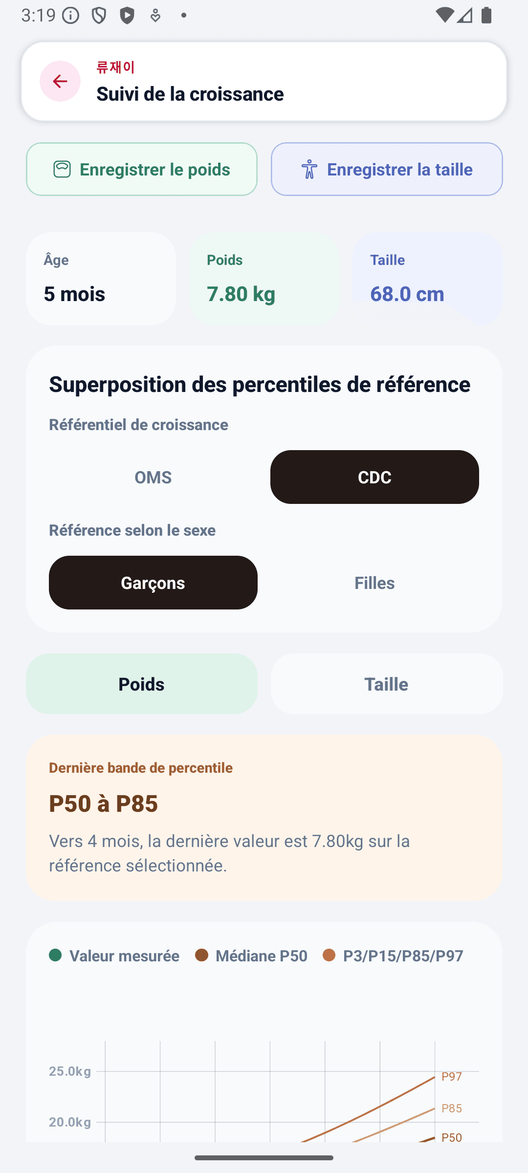 Écran d'accueil BabyDaily détail croissance