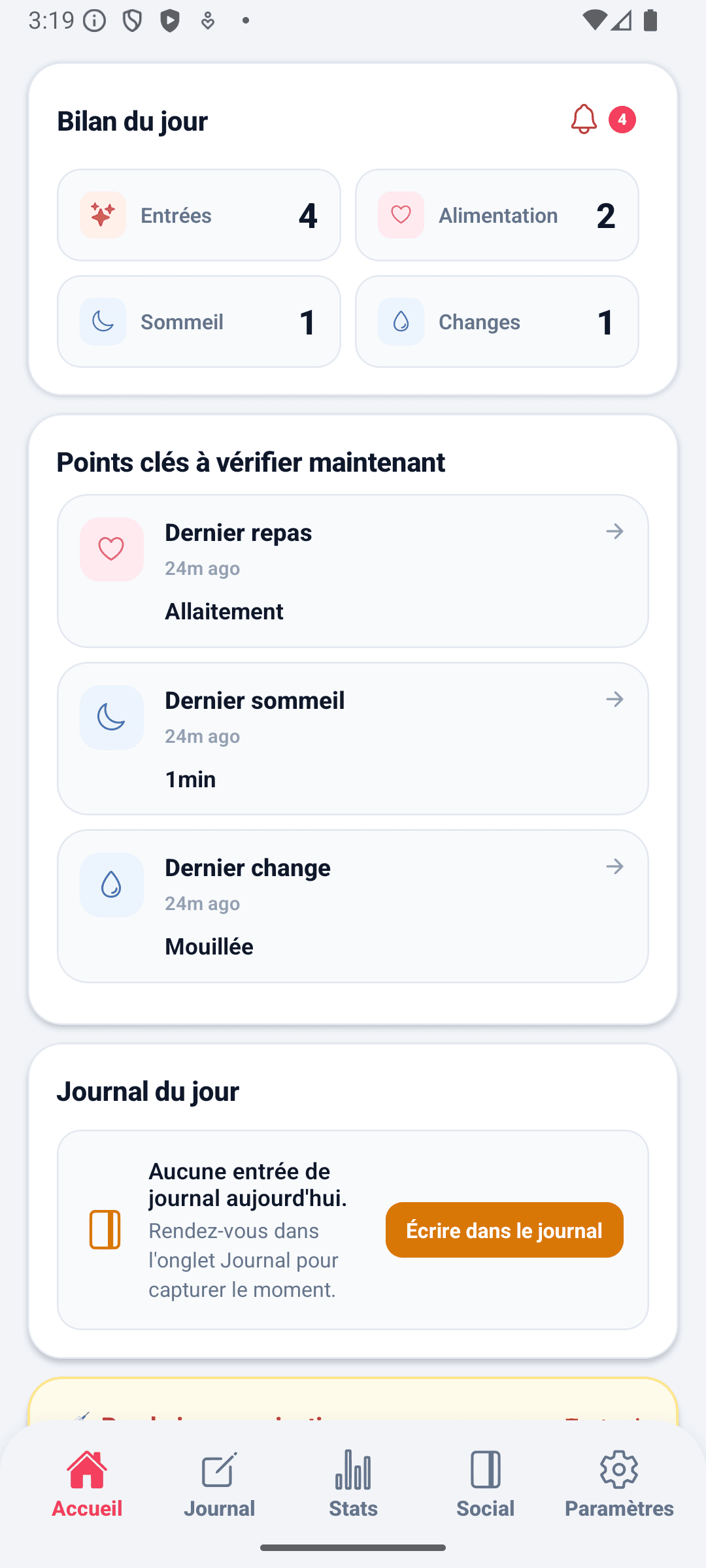 Écran d'accueil BabyDaily partie supérieure