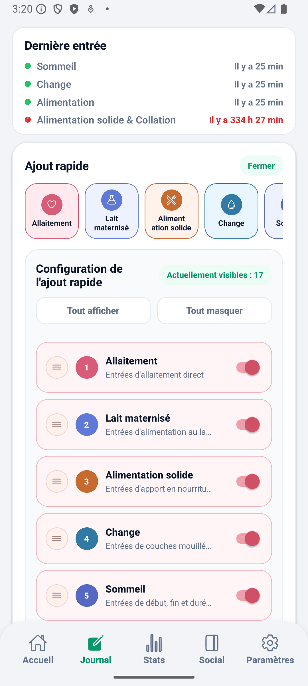 Écran d'enregistrement BabyDaily configuration des actions rapides