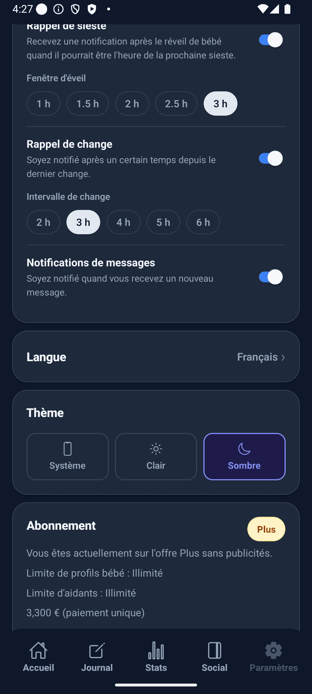 Écran des paramètres BabyDaily thème