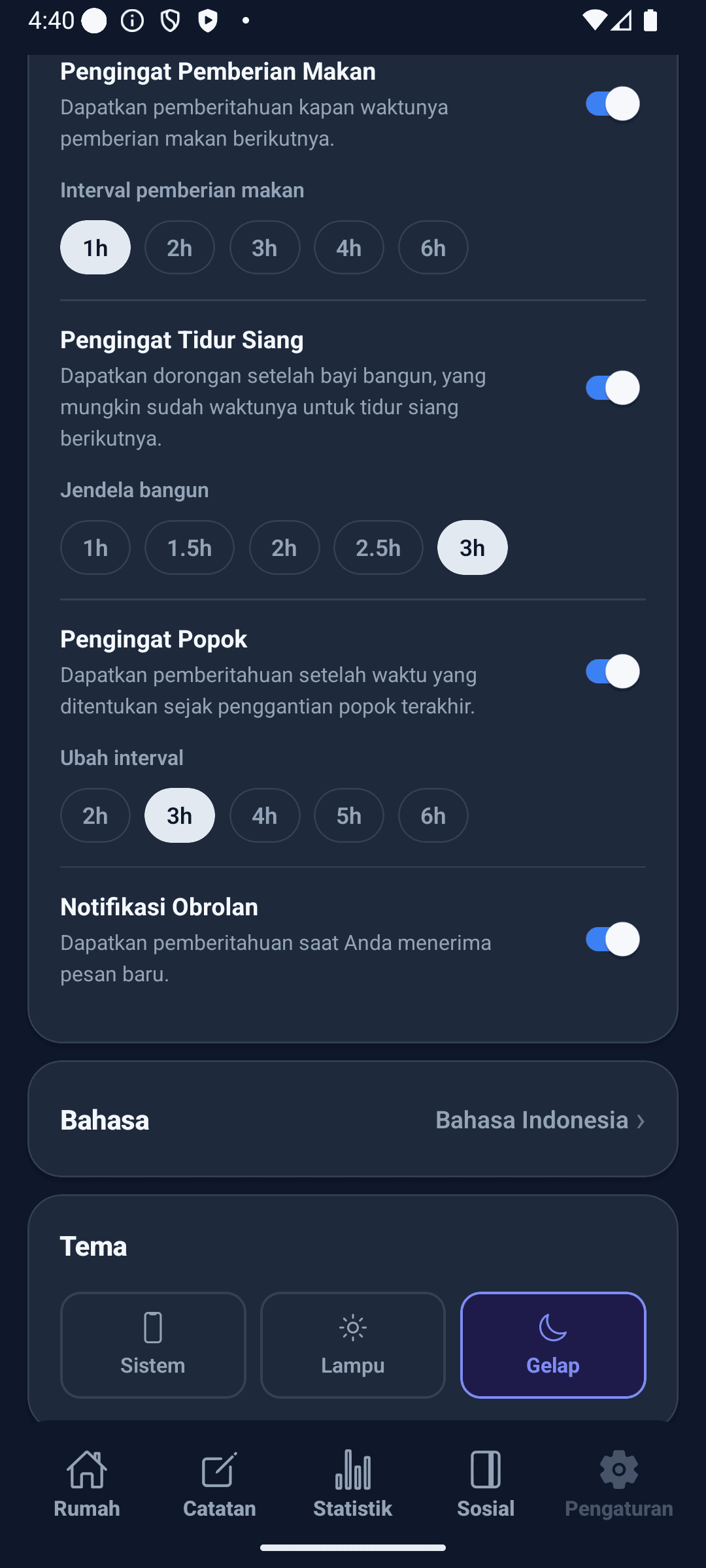 Layar pengaturan BabyDaily tema