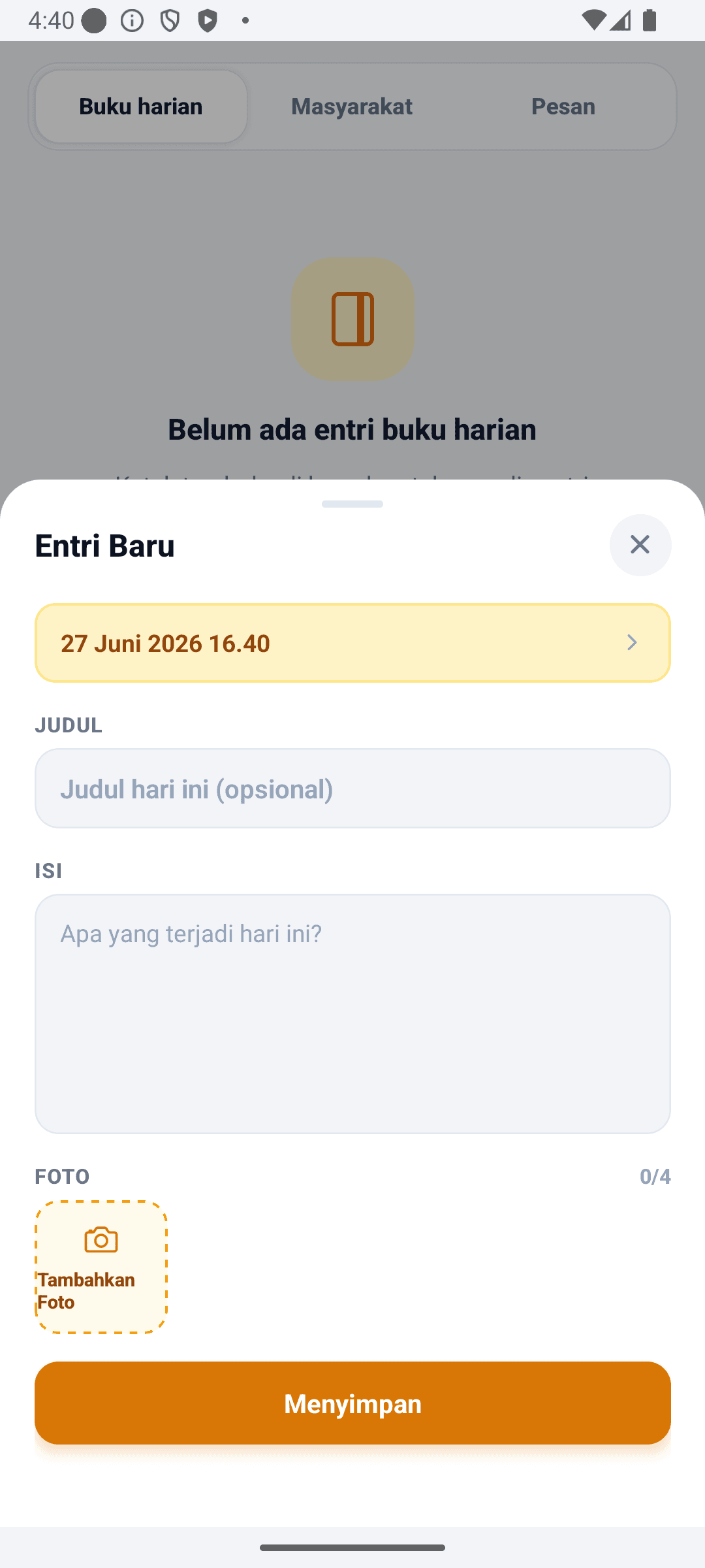Layar jurnal BabyDaily jurnal baru