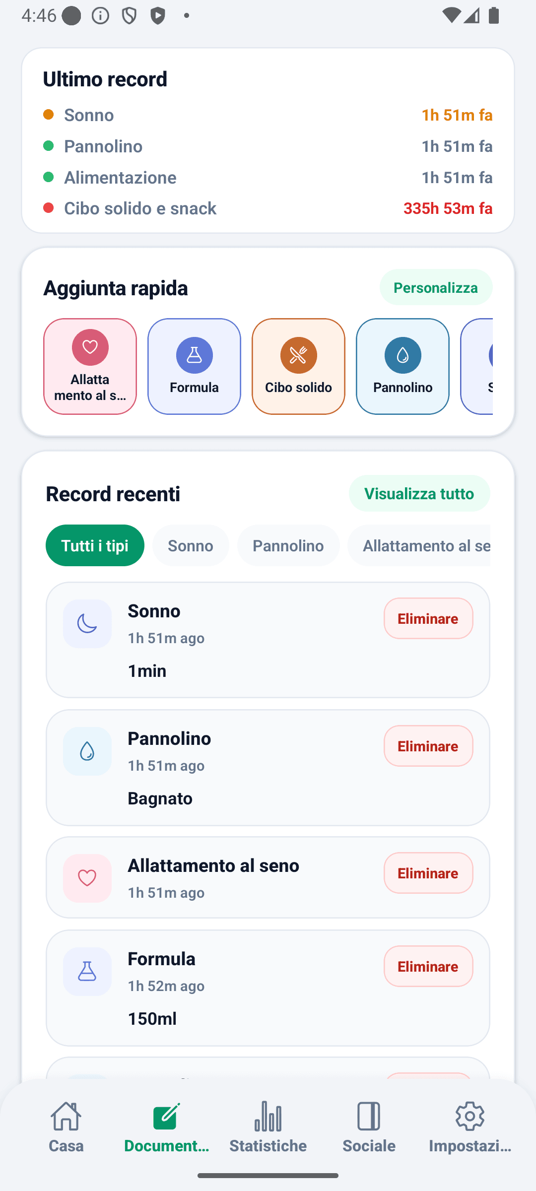 Schermata registrazioni di BabyDaily principale