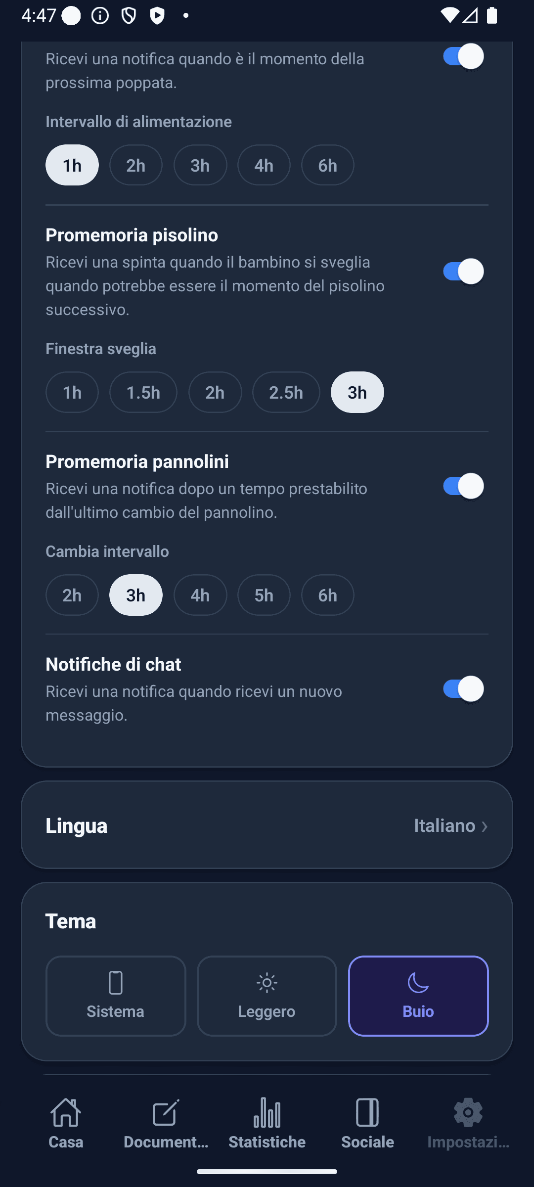 Schermata impostazioni di BabyDaily tema