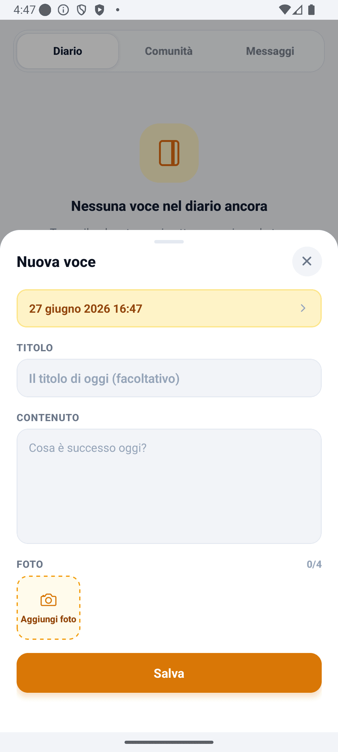 Schermata diario di BabyDaily nuovo diario