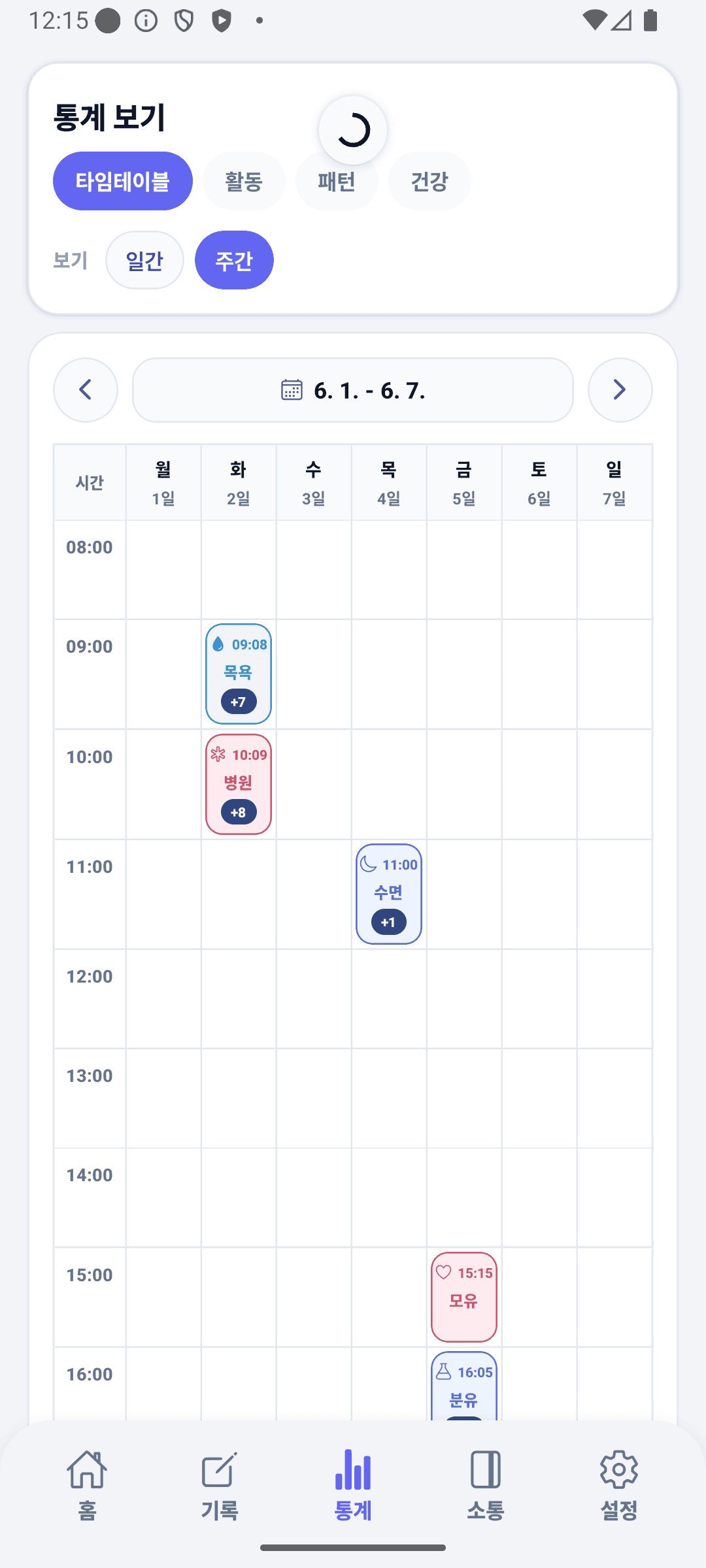 BabyDaily 통계 화면 타임테이블