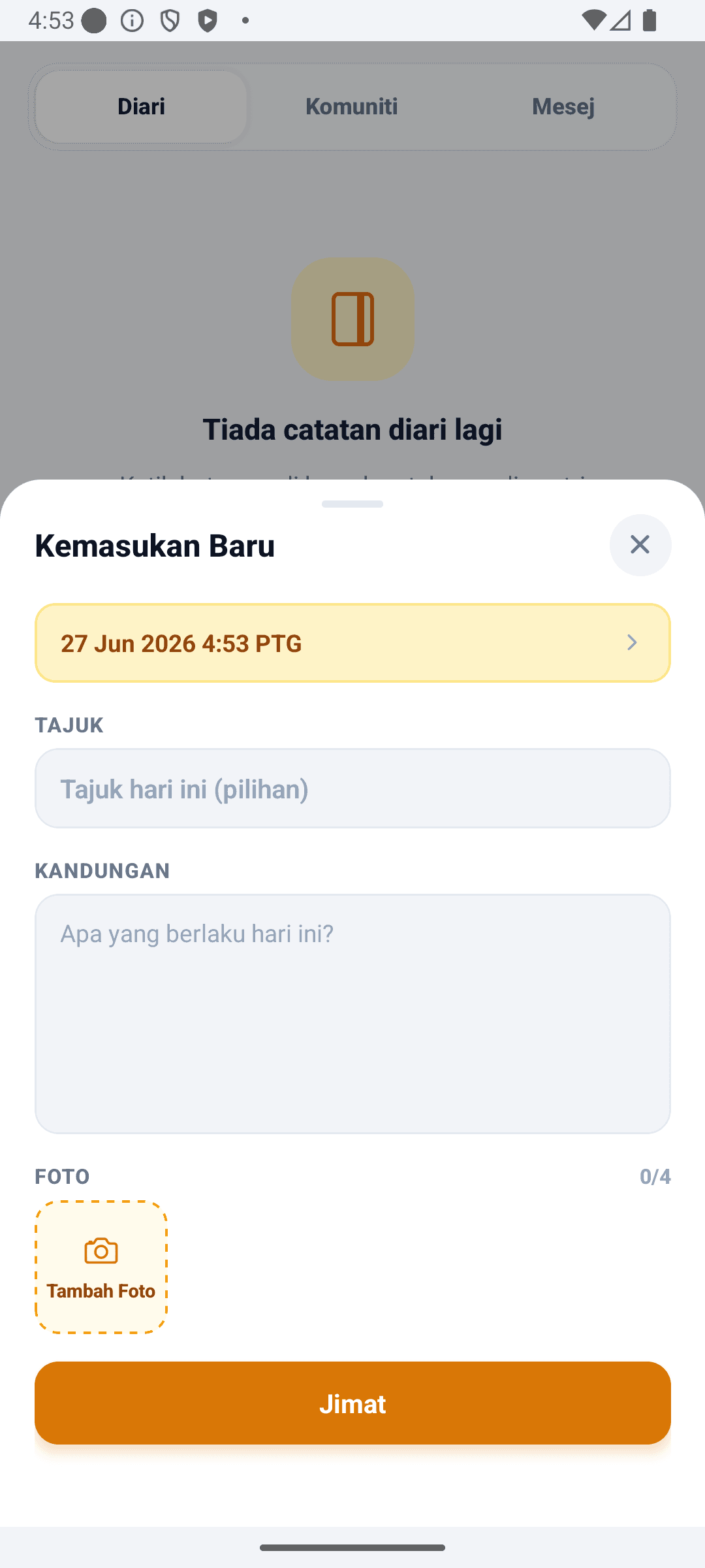 Skrin diari BabyDaily diari baharu