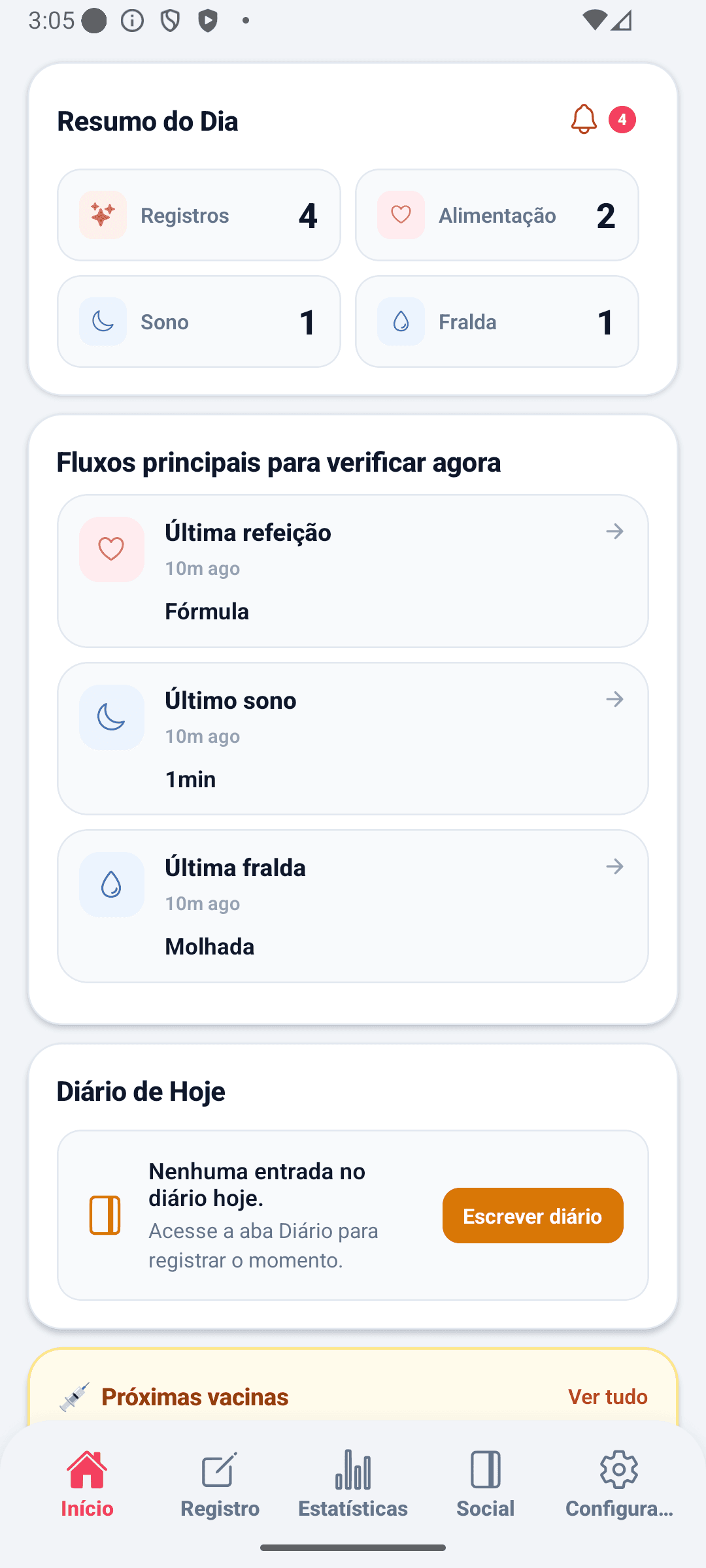Tela inicial do BabyDaily superior