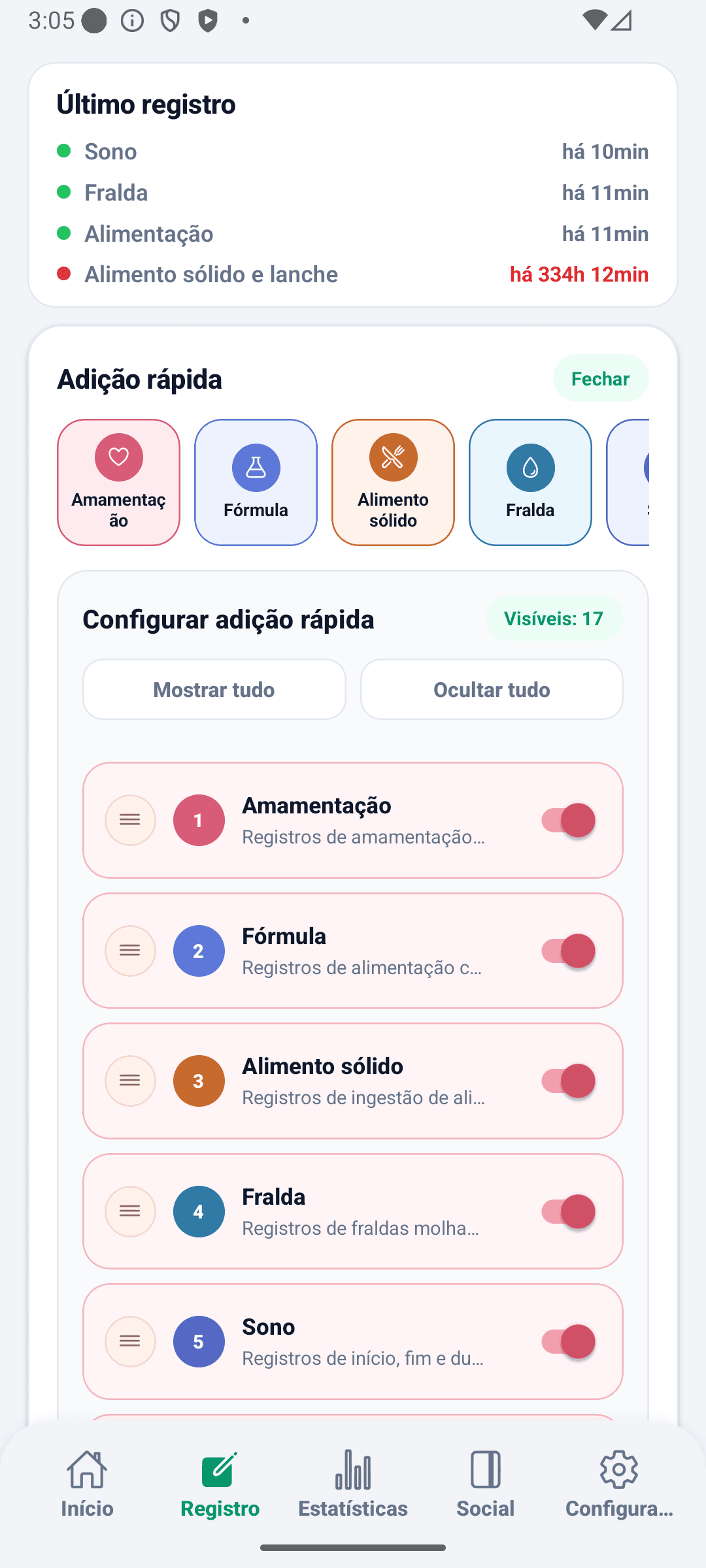 Tela de registro do BabyDaily configuração de ação rápida