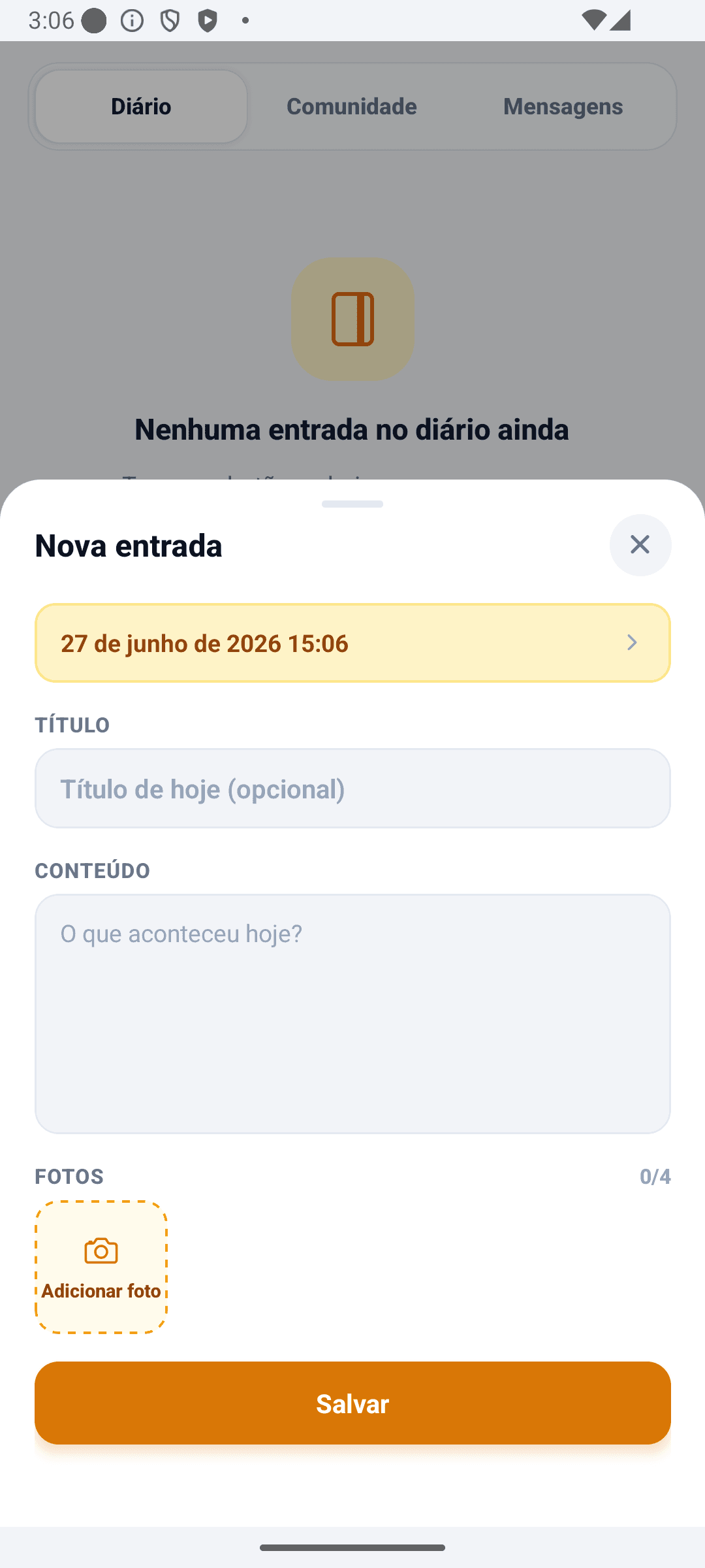 Tela de diário do BabyDaily novo diário