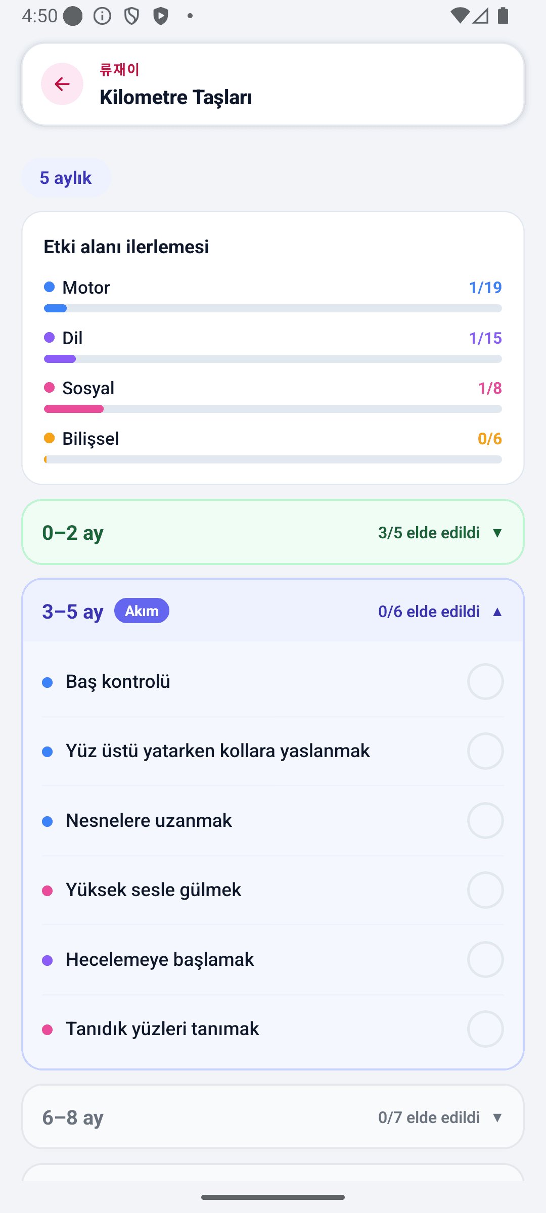 BabyDaily ana sayfa ekranı kilometre taşı detayı