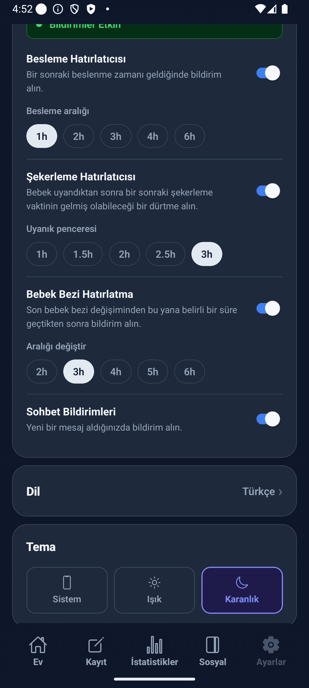BabyDaily ayarlar ekranı tema