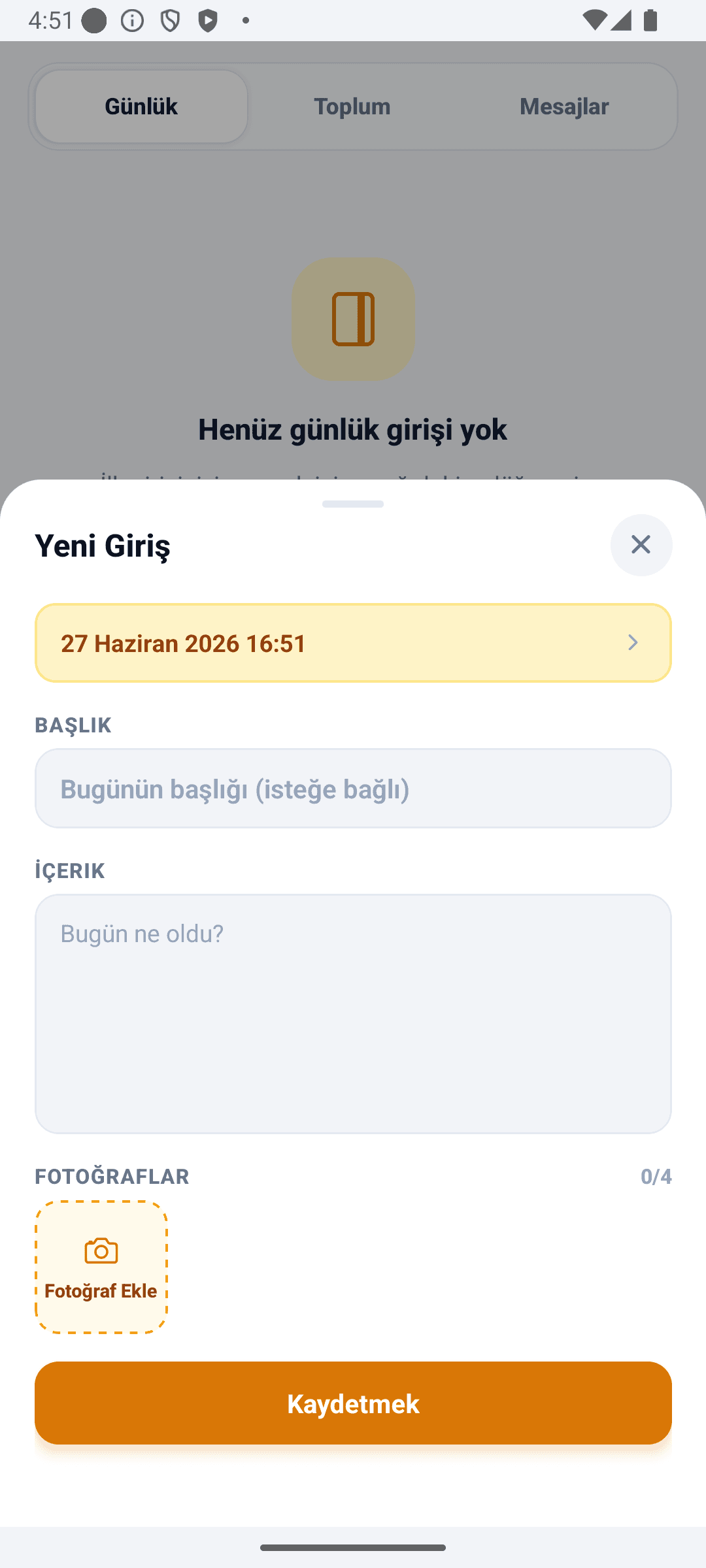 BabyDaily günlük ekranı yeni günlük