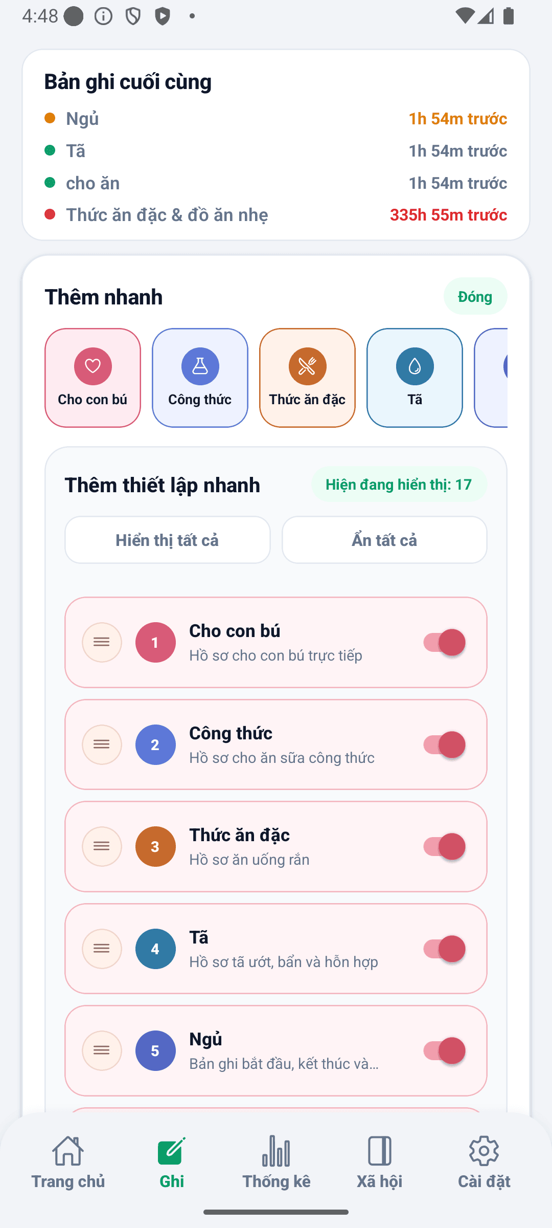 Màn hình ghi chép BabyDaily cài đặt thêm nhanh