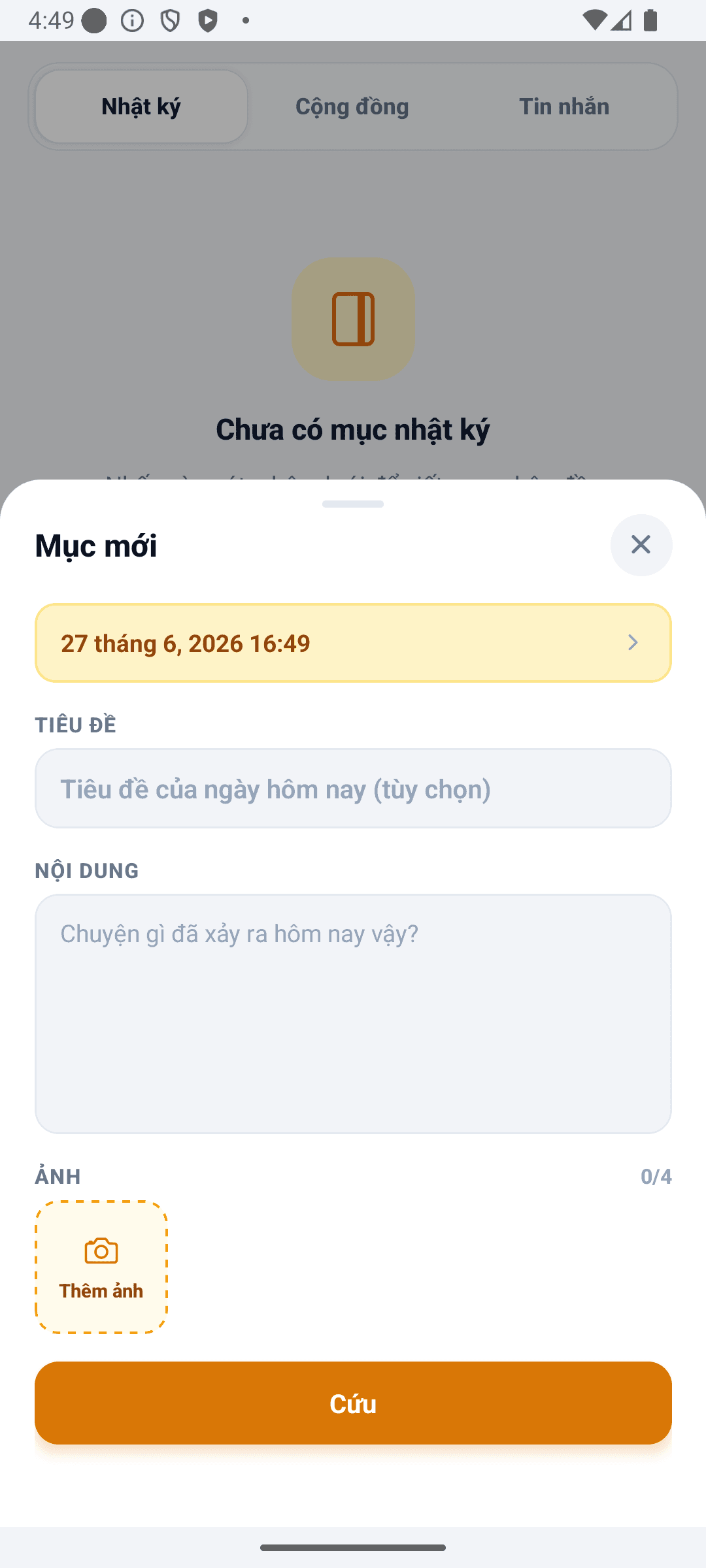 Màn hình nhật ký BabyDaily nhật ký mới