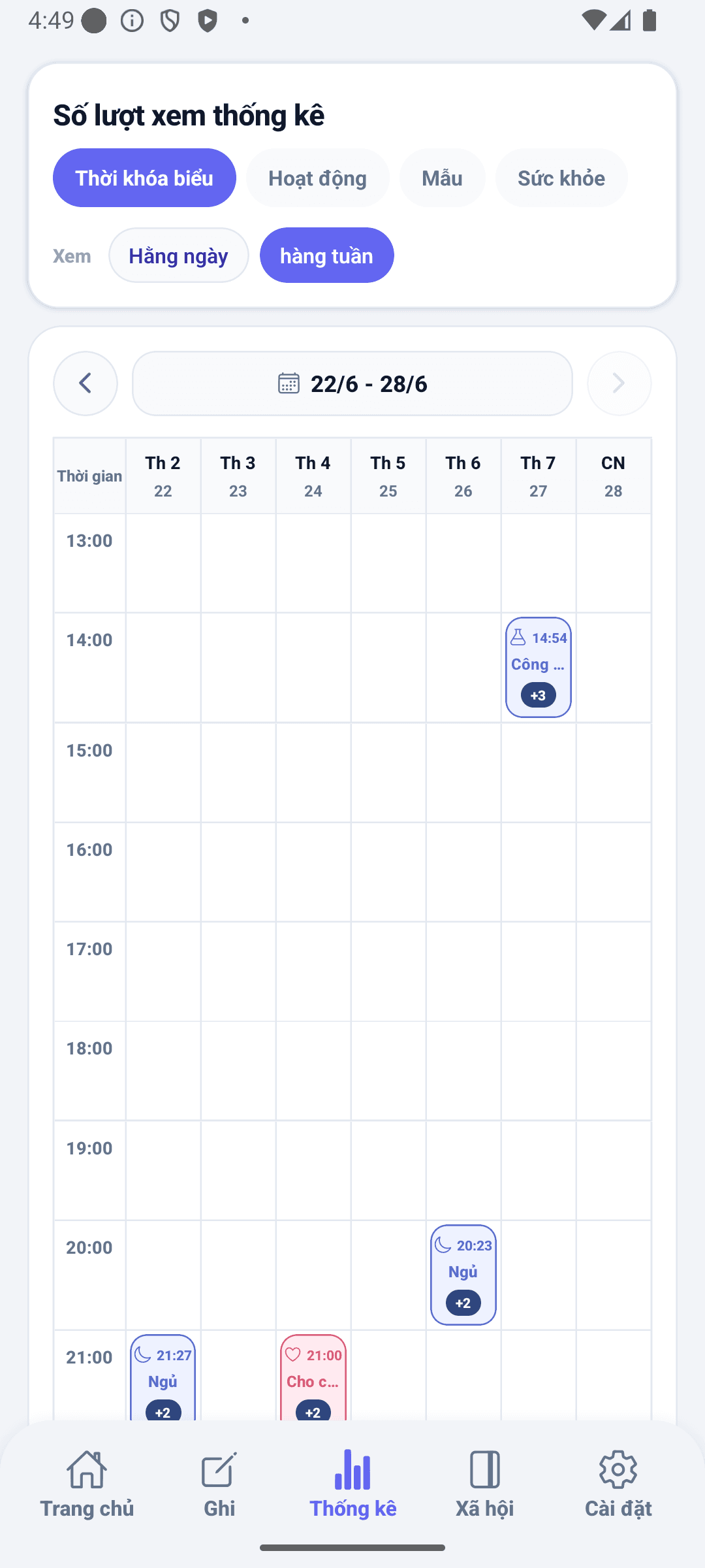 Màn hình thống kê BabyDaily bảng thời gian