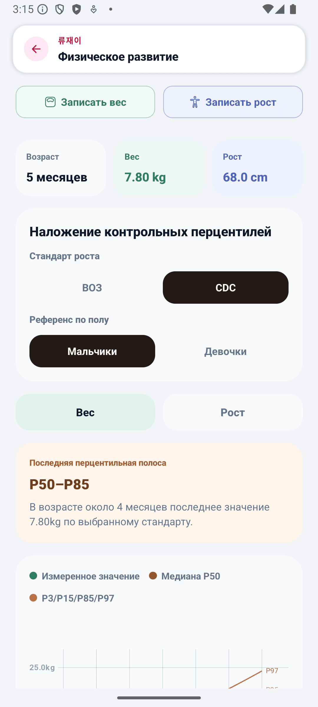 Главный экран BabyDaily детали роста